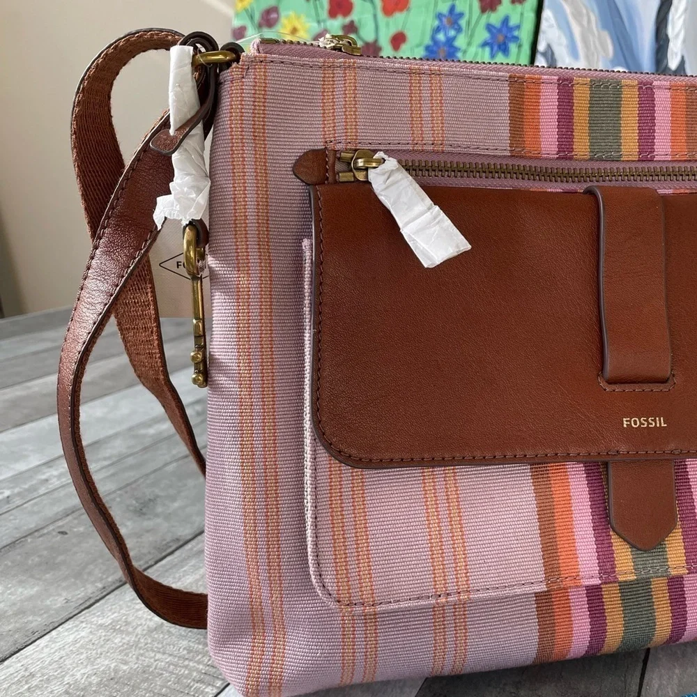 Fossil Kinley Womens Crosbody Bright Stripe Pink Women Fabric Bag purse fabric - Picture 5 of 7